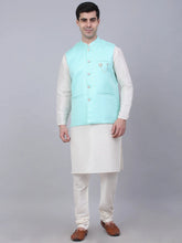 Men's Solid Kurta Pyjama With Woven Design Nehru Jacket ( JOKPWC W-D 4066Sky )-JOKPWC-W-D-4066