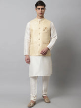 Men Off White Solid Kurta Pyjama with Golden Woven Design Nehru Jacket ( JOKPWC W-D 4069Golden )-JOKPWC-W-D-4069