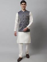 Men Off White Solid Kurta Pyjama with Navy Blue Woven Design Nehru Jacket ( JOKPWC W-D 4069Navy )-JOKPWC-W-D-4069