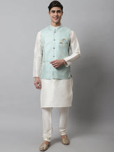 Men Off White Solid Kurta Pyjama with Sky Blue Woven Design Nehru Jacket ( JOKPWC W-D 4069Sky )-JOKPWC-W-D-4069