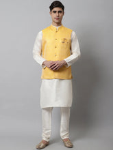 Men Off White Solid Kurta Pyjama with Yellow Woven Design Nehru Jacket ( JOKPWC W-D 4069Yellow )-JOKPWC-W-D-4069