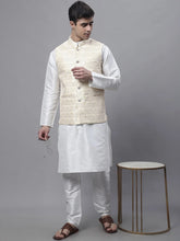 Men off-White Solid Kurta Pyjama with Golden Woven Design Nehru Jacket