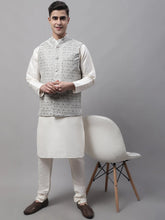 Men off-White Solid Kurta Pyjama with Grey Woven Design Nehru Jacket