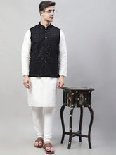 Men White Solid Kurta Pyjama with Black Embroidered Nehru Jacket
