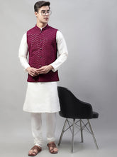 Men White Solid Kurta Pyjama with Purple Embroidered Nehru Jacket