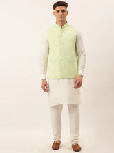Men White Cotton Blend Kurta with Pyjamas & Green Embroidered Nehru Jacket( JOKPWC W-F 4041Green )