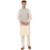 Men White Cotton Blend Kurta with Pyjamas & Embroidered Nehru Jacket ( JOKPWC W-F 4041Grey )-JOKPWC-W-F-4041