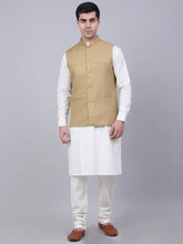 Men's Solid Kurta Pyjama With Nehru Jacket ( JOKPWC W-F 4046Beige )-JOKPWC-W-F-4046