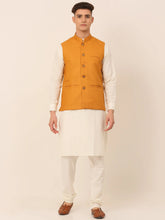 Men's Solid Kurta Pyjama With Nehru Jacket ( JOKPWC W-F 4046Mustard )-JOKPWC-W-F-4046