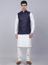 Men's Solid Kurta Pyjama With Nehru Jacket ( JOKPWC W-F 4046Navy )-JOKPWC-W-F-4046