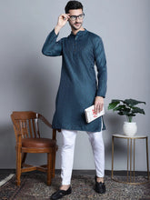 Men Navy Blue Woven Design Kurta with Pyjamas