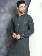 Men's Sequins Chikankari Embroidered Kurta with Pyjama ( JOKP P 5015Grey )