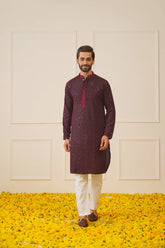 Men's Sequins Chikankari Embroidered Kurta with Pyjama ( JOKP P 5024Maroon )