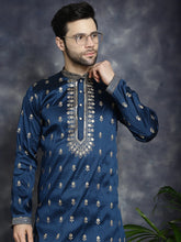 Men's Navy Blue Chikankari Embroidered Kurta With Pyjama ( JOKP P 5042Navy )