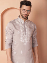 Men's Grey Chikankari Embroidered Kurta With Pyjama-JOKP-P