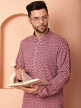 Men's Magenta Fit Embroidered and Sequence Kurta with Pyjama-JOKP-P