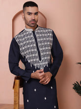 Navy Blue Embroidered With Mirror Work Silk Kurta With Pyjama Set-JOKP-P