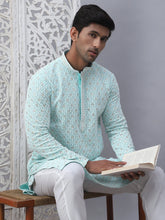 Men's Sky Blue Chikankari Embroidered and Sequence Kurta with Pyjama-JOKP-5094Sky