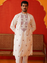 Men White Floral Embroidered Kurta Set ( JOKP P 5134White )