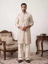 Embroidered Silk Blend Kurta with Korean Pants ( JOKP PJ11W 5246Off-White )