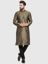Men Gold-Colored & Black Self Design Kurta with Churidar ( JOKP 584 Golden )-JOKP-584