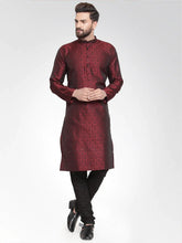 Men Maroon-Colored & Black Self Design Kurta with Churidar ( JOKP 584 Maroon )-JOKP-584