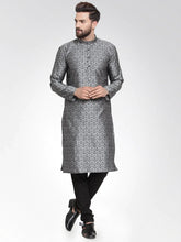 Men Silver-Colored & Black Self Design Kurta with Churidar ( JOKP 584 Silver )-JOKP-584