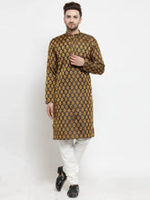 Men Black-Colored & Golden Self Design Kurta with Churidar ( JOKP 586 Black )-JOKP-586