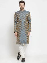 Men Blue-Colored & Golden Self Design Kurta with Churidar ( JOKP 586 Blue )-JOKP-586