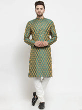 Men Green-Colored & Golden Self Design Kurta with Churidar ( JOKP 586 Green )-JOKP-586
