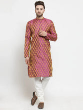 Men Pink-Colored & Golden Self Design Kurta with Churidar ( JOKP 586 Pink )-JOKP-586