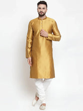 Men Mustard & White Self Design Kurta with Churidar ( JOKP 589 Mustard )-JOKP-589