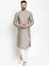 Men Grey & Golden Self Design Kurta with Churidar ( JOKP 590 Grey )-JOKP-590