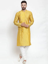 Men Yellow & Golden Self Design Kurta with Churidar ( JOKP 590 Yellow )-JOKP-590
