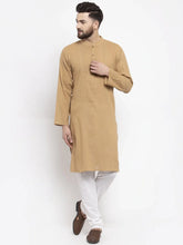 Men Beige & White Solid Pin-tucks Kurta with Churidar ( JOKP 594 Beige )-JOKP-594