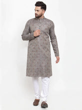 Men Grey & White Woven Design Kurta with Churidar ( JOKP 595 Grey )-JOKP-595