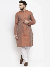 Men Orange & White Woven Design Kurta with Churidar ( JOKP 596 Orange )-JOKP-596