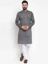 Men Grey Printed Kurta with White Churidar ( JOKP 604 Grey )-JOKP-604