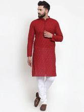 Men Red Printed Kurta with White Churidar ( JOKP 604 Red )-JOKP-604