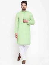 Men Green & White Embroidered Kurta with Churidar ( JOKP 617 Green )-JOKP-617
