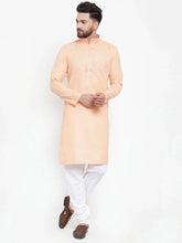 Men Peach & White Embroidered Kurta with Churidar ( JOKP 617 Peach )-JOKP-617