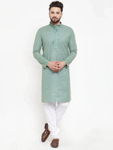 Men Sea Green & White Embroidered Kurta with Churidar ( JOKP 617 Sea-Green )-JOKP-617