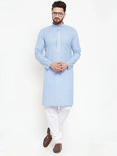 Men Blue & White Embroidered Kurta with Churidar ( JOKP 617 Sky )-JOKP-617