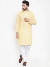Men Yellow & White Embroidered Kurta with Churidar ( JOKP 617 Yellow )-JOKP-617