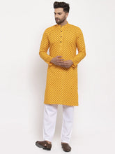 Men Yellow Printed Kurta with Pyjamas ( JOKP 627 Yellow )-JOKP-627