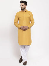 Men Mustard Solid Kurta with White Pyjamas