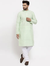 Men Mint Green Embroidered Kurta with Pyjamas ( JOKP 633 Green )-JOKP-633