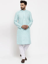 Men Turquoise Blue Embroidered Kurta with Pyjamas ( JOKP 633 Sky )-JOKP-633