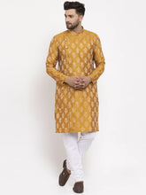 Men Mustard Yellow & White Jacquard Kurta with Churidar ( JOKP 634 Mustard )-JOKP-634