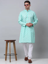 Men's Green Cotton Floral printed kurta Pyjama Set